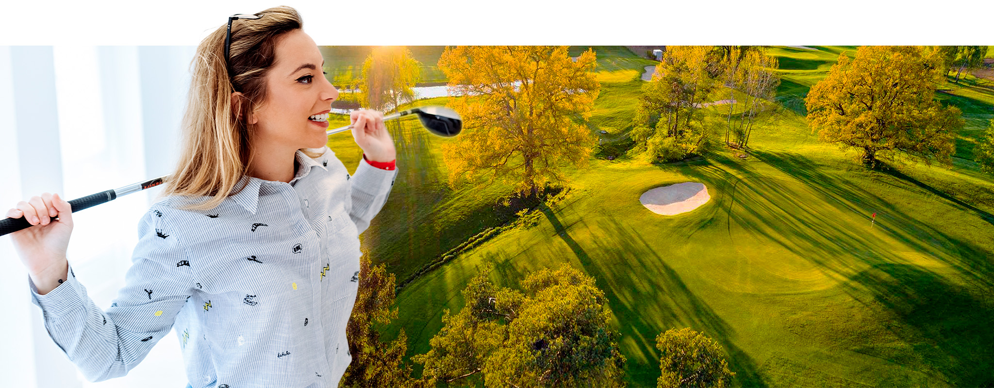 Frau mit Golfschläger, daneben Ansicht der Anlage des Golfclubs Bad Wörishofen e.V.